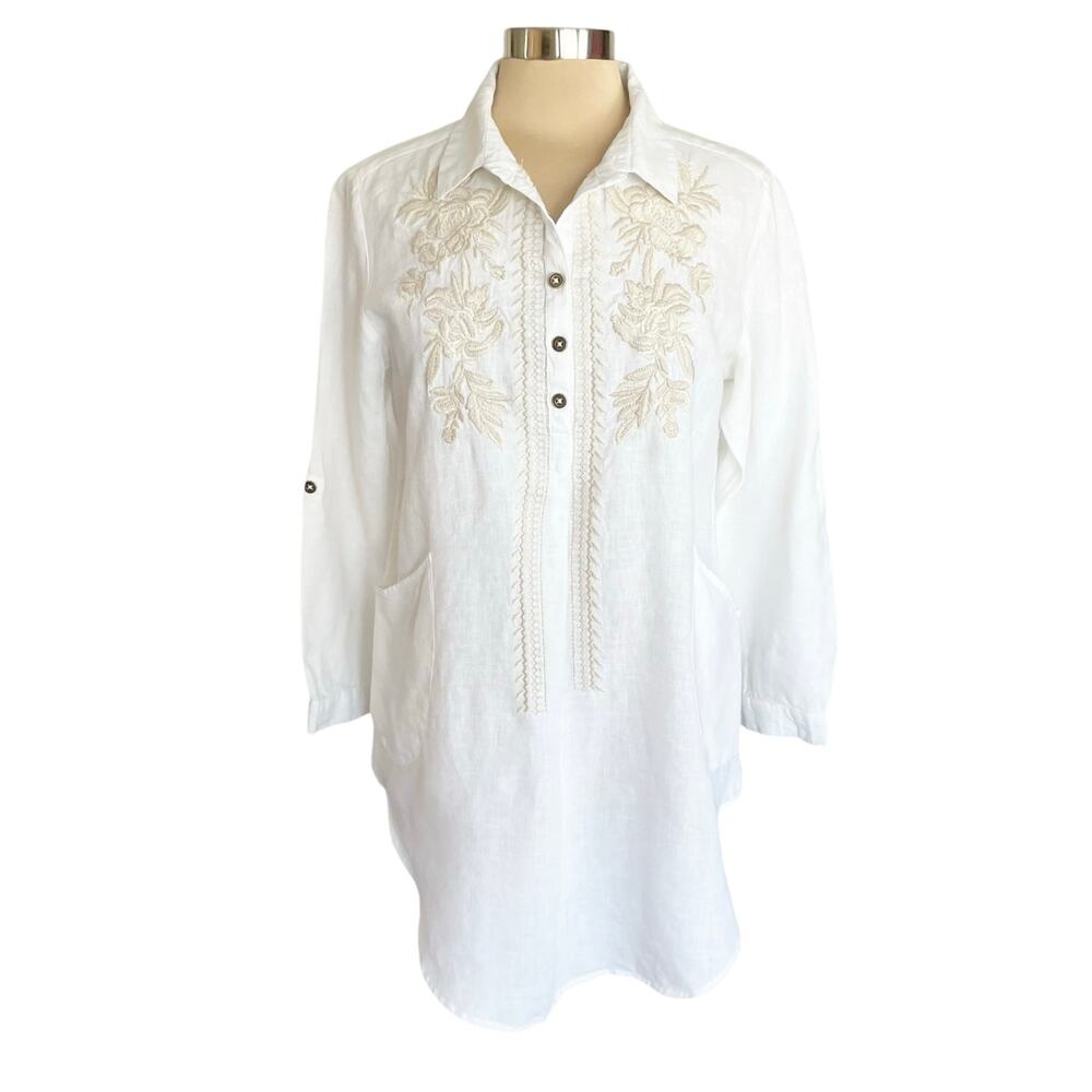 Kyla Seo White Linen Tunic Floral Embroidery 3/4 Button Oversized‎ SMALL